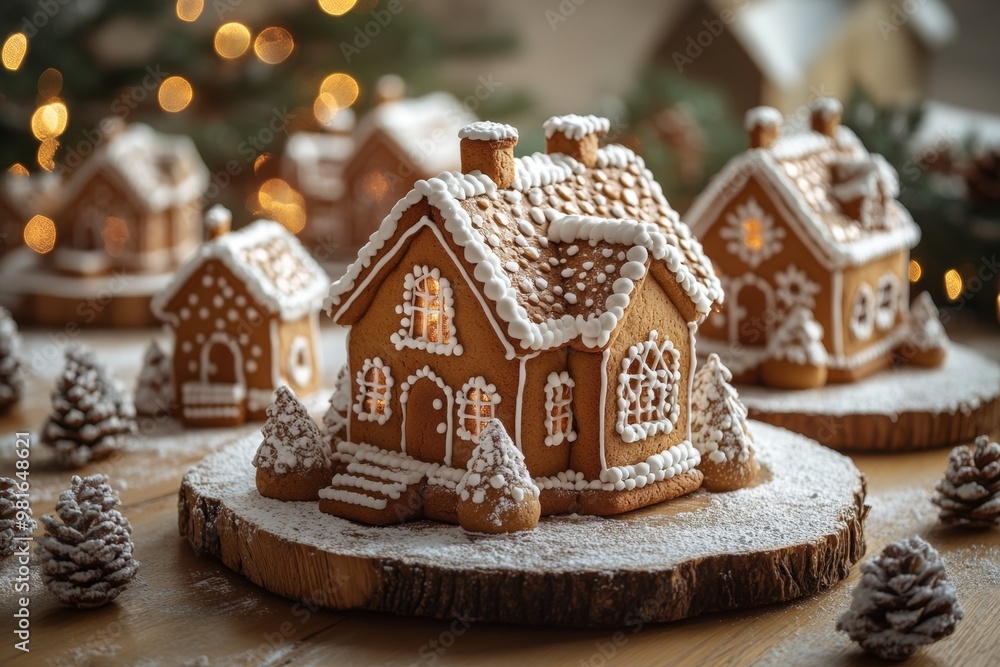 Christmas gingerbread houses on wooden table with bokeh background.. Pastries in the form of houses. Festive scene with holiday pastries. Christmas and New Year background. Christmas gingerbread houses on wooden table with bokeh background.. Pastries in the form of houses. Festive scene with holiday pastries. Christmas and New Year background.