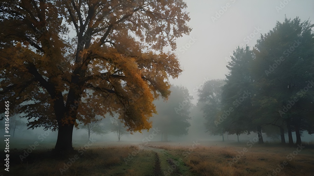 Obraz premium Foggy autumn forest in the morning, filled with vibrant leaves and soft fall mist, forming a picturesque autumn woods landscape.