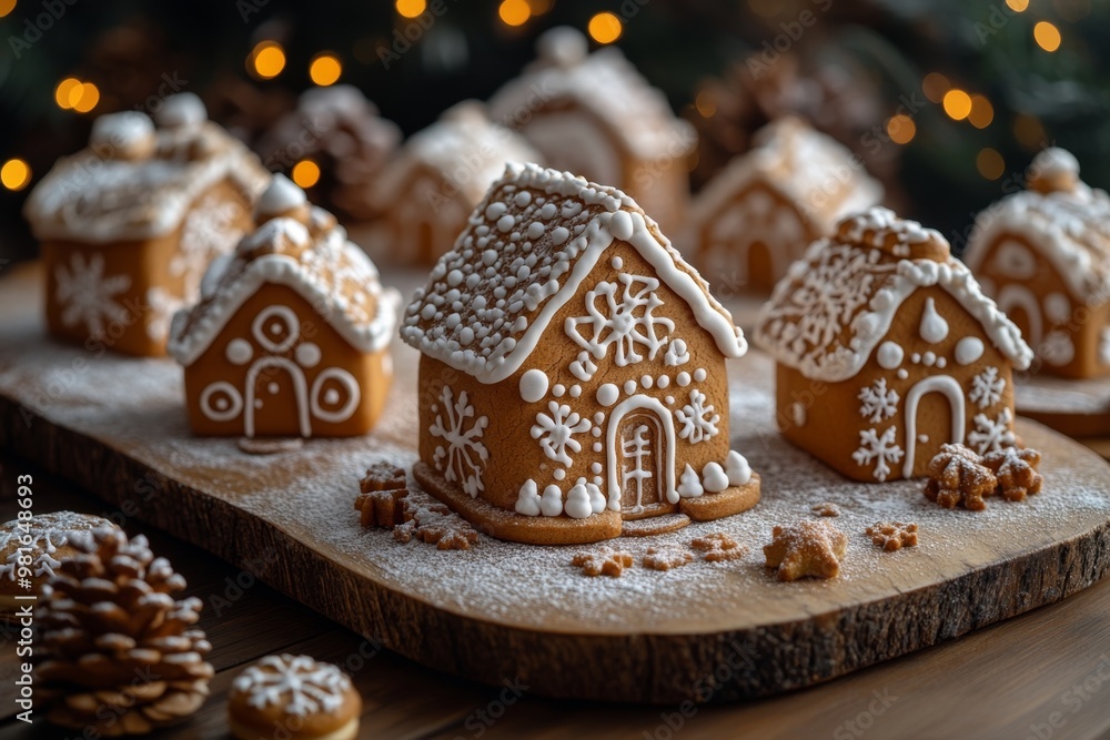 Christmas gingerbread houses on wooden table with bokeh background.. Pastries in the form of houses. Festive scene with holiday pastries. Christmas and New Year background. Christmas gingerbread houses on wooden table with bokeh background.. Pastries in the form of houses. Festive scene with holiday pastries. Christmas and New Year background.