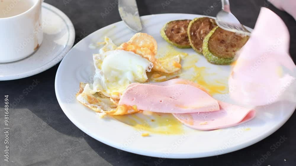 Plate with breakfast on table illuminated by morning sun, eggs, ham and zucchini slices next to cup of coffee in restaurant, Hearty breakfast concept, Plate with breakfast on table illuminated by morning sun, eggs, ham and zucchini slices next to cup of coffee in restaurant, Hearty breakfast concept,