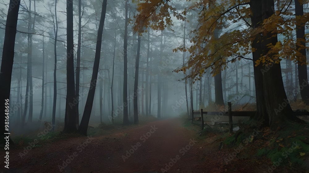 Naklejka premium Foggy autumn forest in the morning, with colorful leaves and gentle fall mist, creating a beautiful autumn woods landscape.