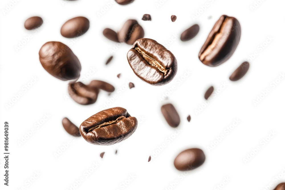 Coffee beans falling in the air isolated on a white background. Coffee beans flying, ai Coffee beans falling in the air isolated on a white background. Coffee beans flying, ai