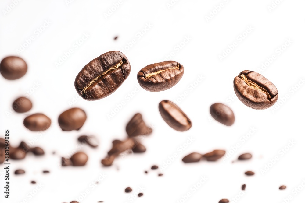Coffee beans falling in the air isolated on a white background. Coffee beans flying, ai Coffee beans falling in the air isolated on a white background. Coffee beans flying, ai