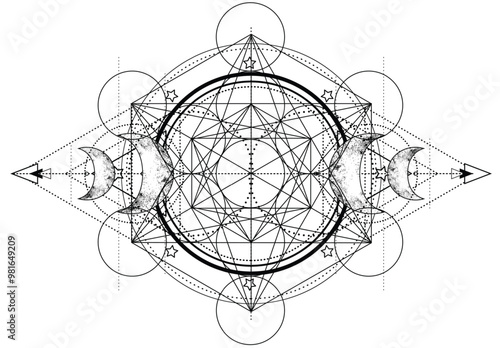 Metatron Cube. Moon pagan Wicca moon goddess symbol. Three-faced Goddess Maiden - Mother - Crone isolated vector illustration. Tattoo, astrology, alchemy, boho and magic symbol. Coloring book..