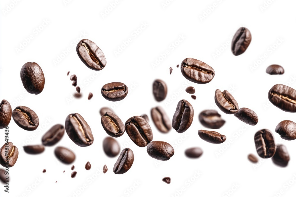 Coffee beans falling in the air isolated on a white background. Coffee beans flying, ai Coffee beans falling in the air isolated on a white background. Coffee beans flying, ai