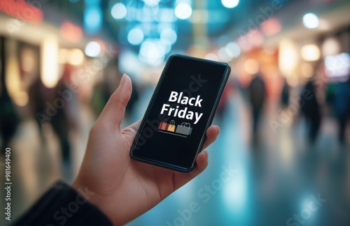 Hand holding a smartphone with "Black Friday" text on the screen and a shopping bag icon, against a blurred background of a black scene of people in a mall or store, for an online shopping concept.