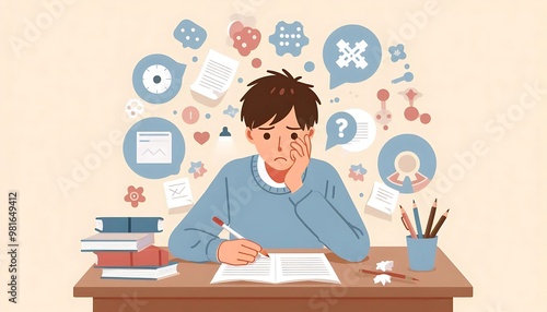 student stressed during the exam flat design illustration