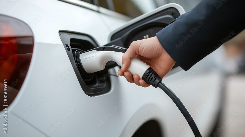 A person's hand is charging an electric car by plugging in a power cable A person's hand is charging an electric car by plugging in a power cable