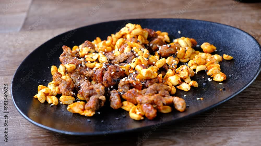 Homemade Kung Pao Chicken with sesame seeds on black plate Homemade Kung Pao Chicken with sesame seeds on black plate