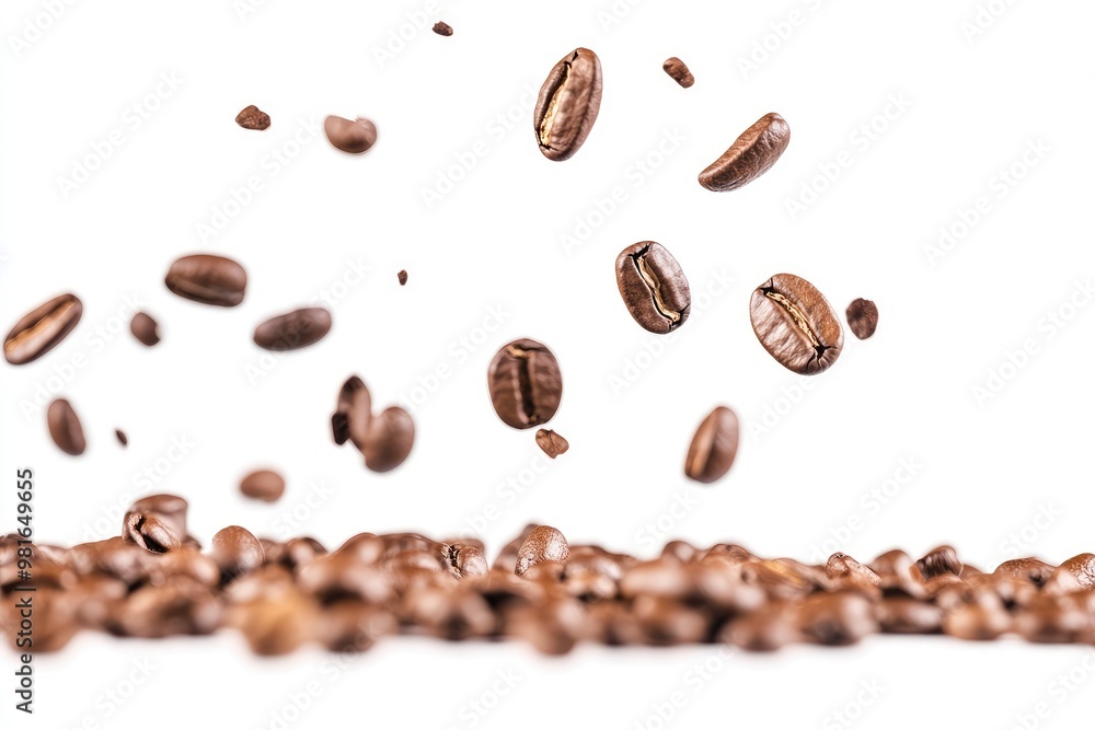 Coffee beans falling in the air isolated on a white background. Coffee beans flying, ai Coffee beans falling in the air isolated on a white background. Coffee beans flying, ai