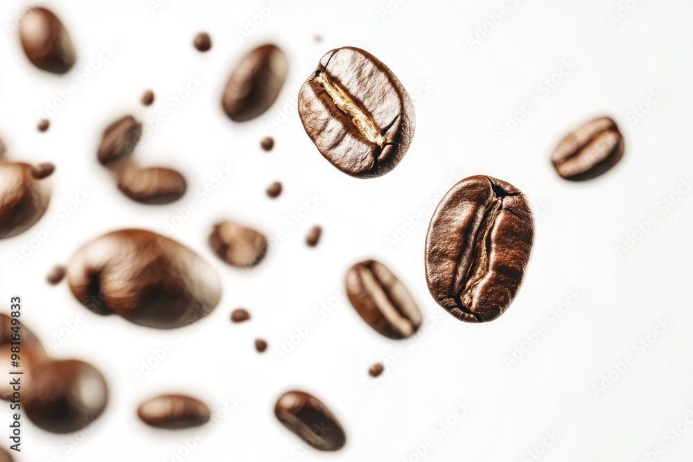 Coffee beans falling in the air isolated on a white background. Coffee beans flying, ai Coffee beans falling in the air isolated on a white background. Coffee beans flying, ai