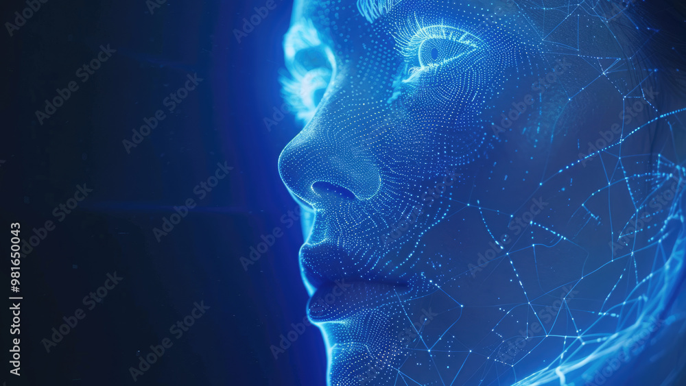 Cybernetic humanoid face with glowing blue lights