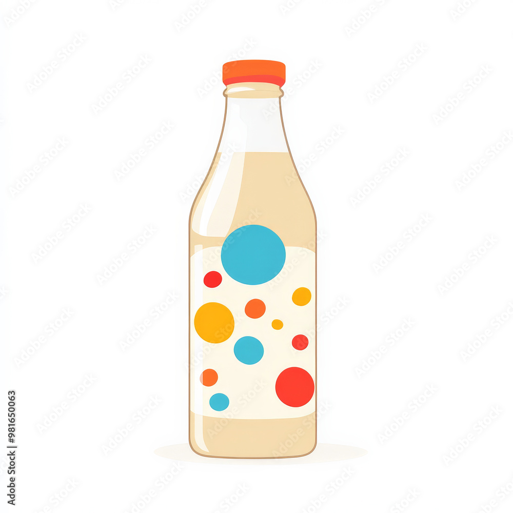 Flat illustration of a bottle of kefir with a colorful label, in a minimalist style, on a white background. Flat illustration of a bottle of kefir with a colorful label, in a minimalist style, on a white background.