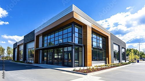 Modern commercial building exterior with large windows on a sunny day