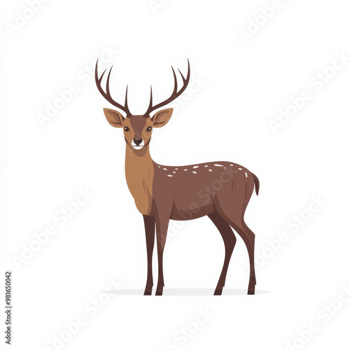 Flat illustration of a standing deer with clean brown tones and minimalistic antlers, isolated on white.