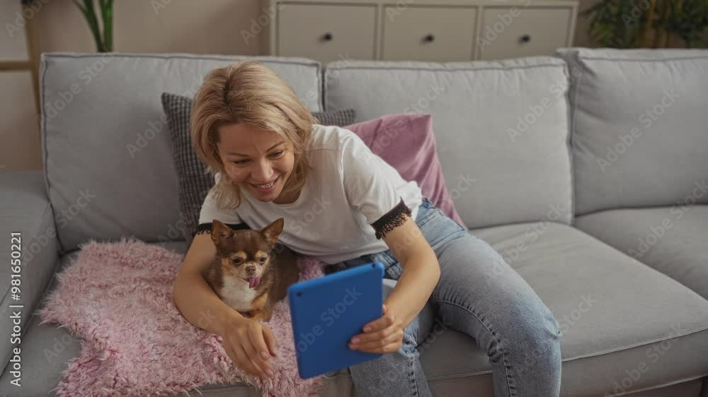 A blonde young woman sitting in a living room on a grey couch, smiling while using a tablet with her chihuahua dog beside her. A blonde young woman sitting in a living room on a grey couch, smiling while using a tablet with her chihuahua dog beside her.