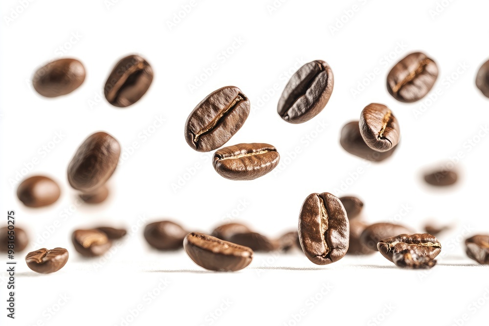 Coffee beans falling in the air isolated on a white background. Coffee beans flying, ai Coffee beans falling in the air isolated on a white background. Coffee beans flying, ai