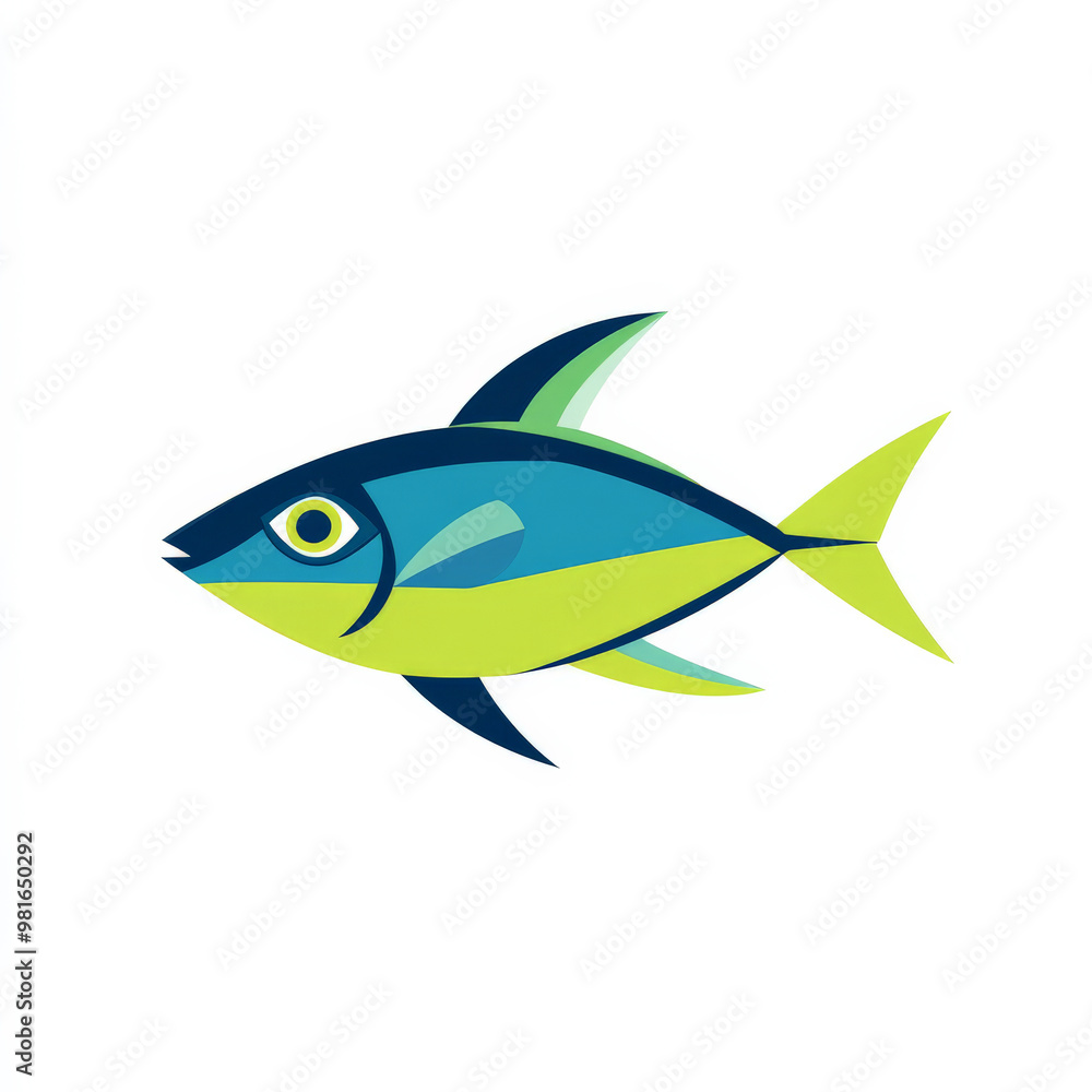 Flat illustration of a swimming fish, rendered in bold blue and green colors with simple shapes, on a white background. Flat illustration of a swimming fish, rendered in bold blue and green colors with simple shapes, on a white background.