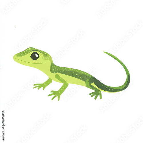 Flat illustration of a small lizard crawling, featuring bright green tones and minimalistic details, isolated on white.