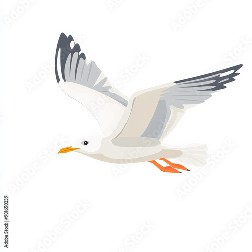 Flat design of a flying seagull with clean white feathers and bold outlines, isolated on a white background. photo