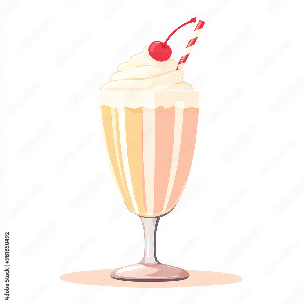 Flat illustration of a milkshake with whipped cream and a cherry on top, in a clean, colorful style, isolated on a white background. Flat illustration of a milkshake with whipped cream and a cherry on top, in a clean, colorful style, isolated on a white background.