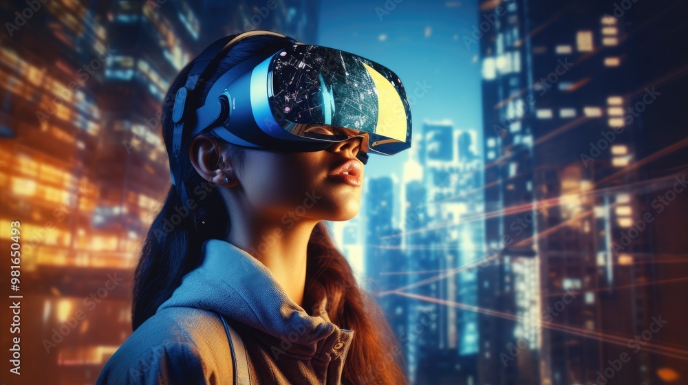 A young woman wearing a virtual reality headset looks up in wonder, lost in a world of digital possibilities. A young woman wearing a virtual reality headset looks up in wonder, lost in a world of digital possibilities.