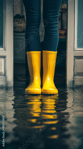 Flood and inundated concept image with person wearing yellow rubber boots wet by the water that flooded the room and the home