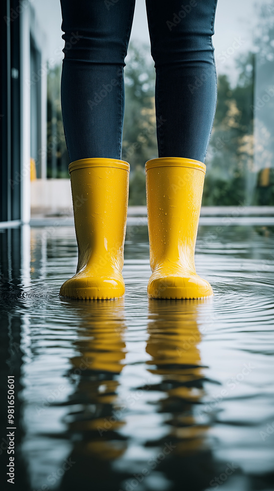 Flood and inundated concept image with person wearing yellow rubber boots wet by the water that flooded the room and the home