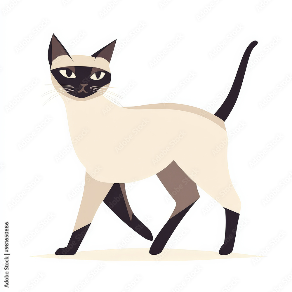 Flat design of a sleek Siamese cat walking gracefully, drawn in clean shapes with light beige tones, isolated on white. Flat design of a sleek Siamese cat walking gracefully, drawn in clean shapes with light beige tones, isolated on white.