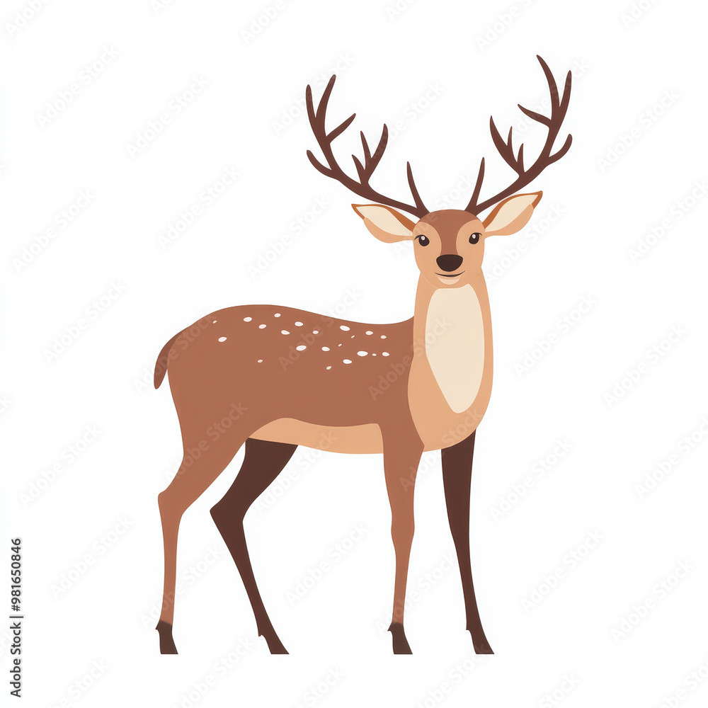 Flat illustration of a standing deer with clean brown tones and minimalistic antlers, isolated on white. Flat illustration of a standing deer with clean brown tones and minimalistic antlers, isolated on white.