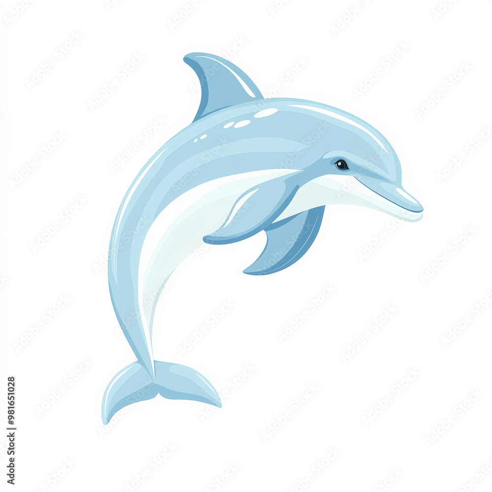 Flat design of a playful dolphin in mid-jump, drawn with clean lines and light blue hues, on a white background. Flat design of a playful dolphin in mid-jump, drawn with clean lines and light blue hues, on a white background.