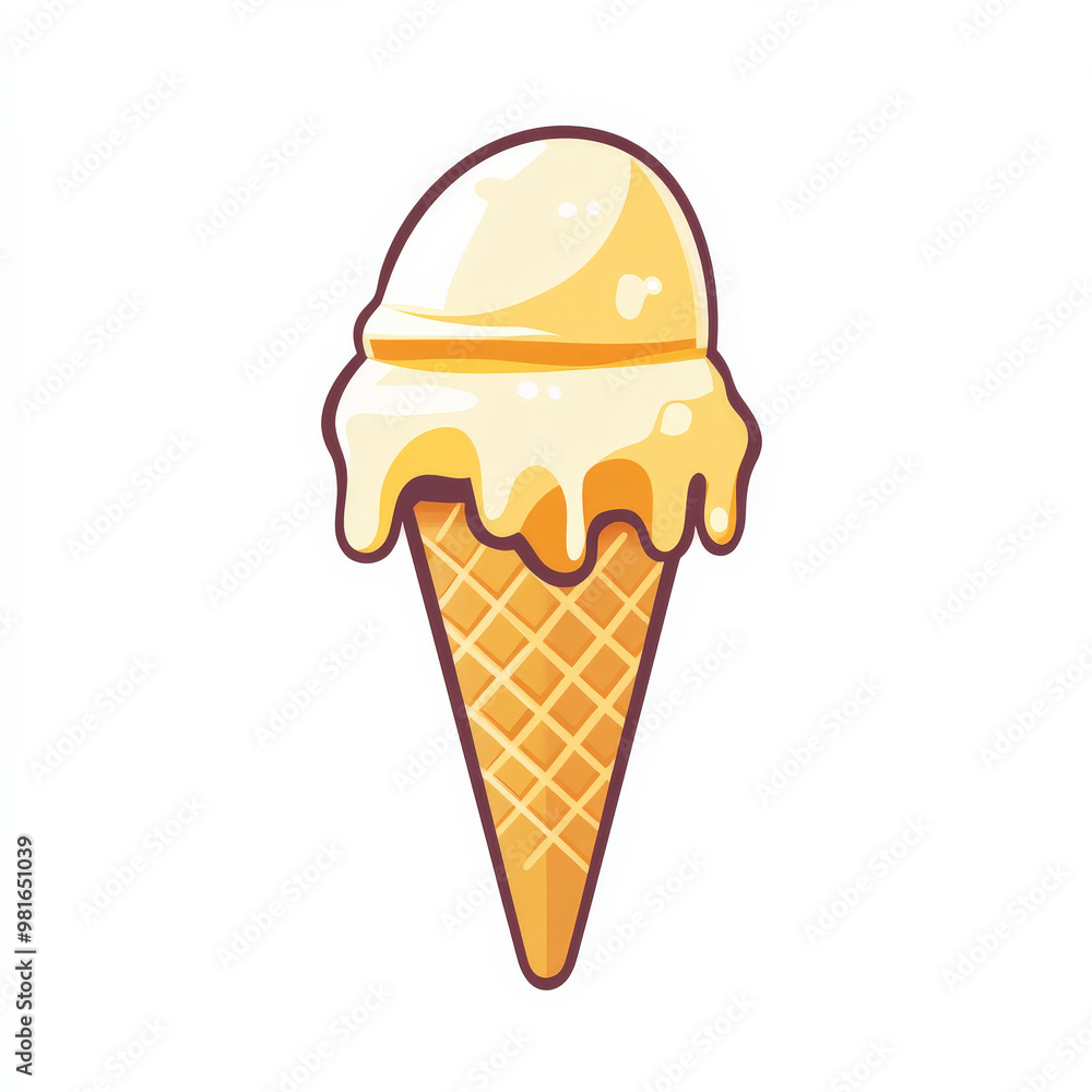 Flat illustration of a melting ice cream scoop on a cone, rendered in bold, clean lines and simple shapes, isolated on white. Flat illustration of a melting ice cream scoop on a cone, rendered in bold, clean lines and simple shapes, isolated on white.