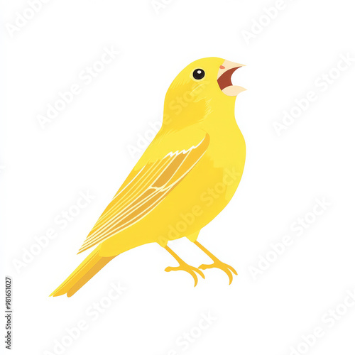 Flat design of a chirping canary, rendered in bright yellow tones and simple lines, on a white background.