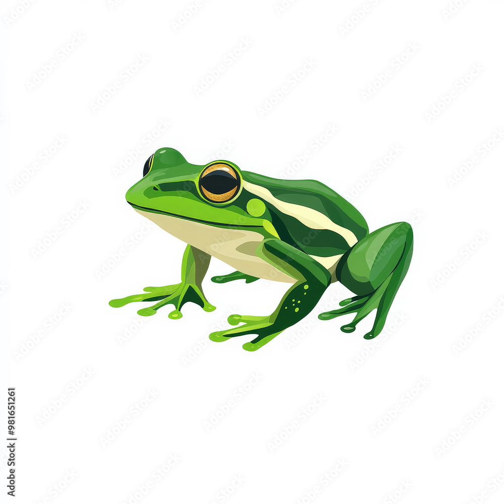 Fototapeta premium Flat design of a hopping frog, drawn in bright green tones and simple lines, on a white background.