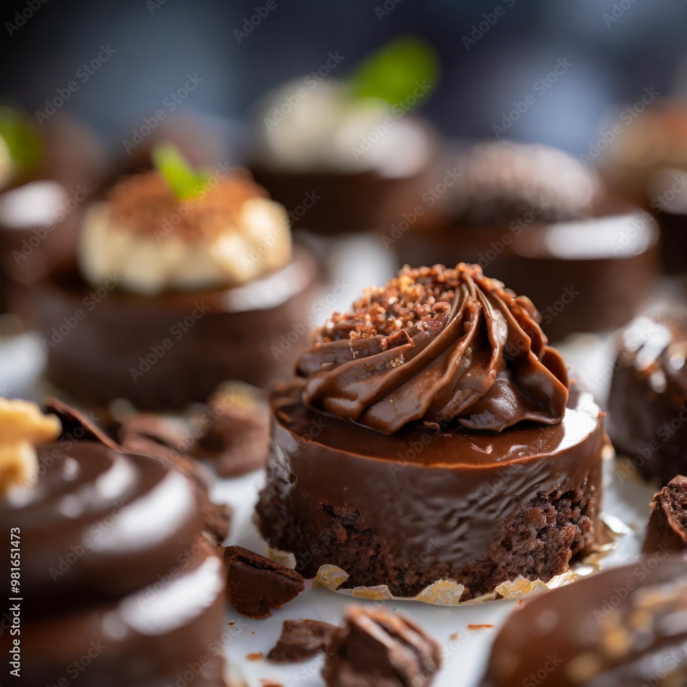 Decadent chocolate desserts with depth of field highlighting rich textures and indulgent flavors Decadent chocolate desserts with depth of field highlighting rich textures and indulgent flavors