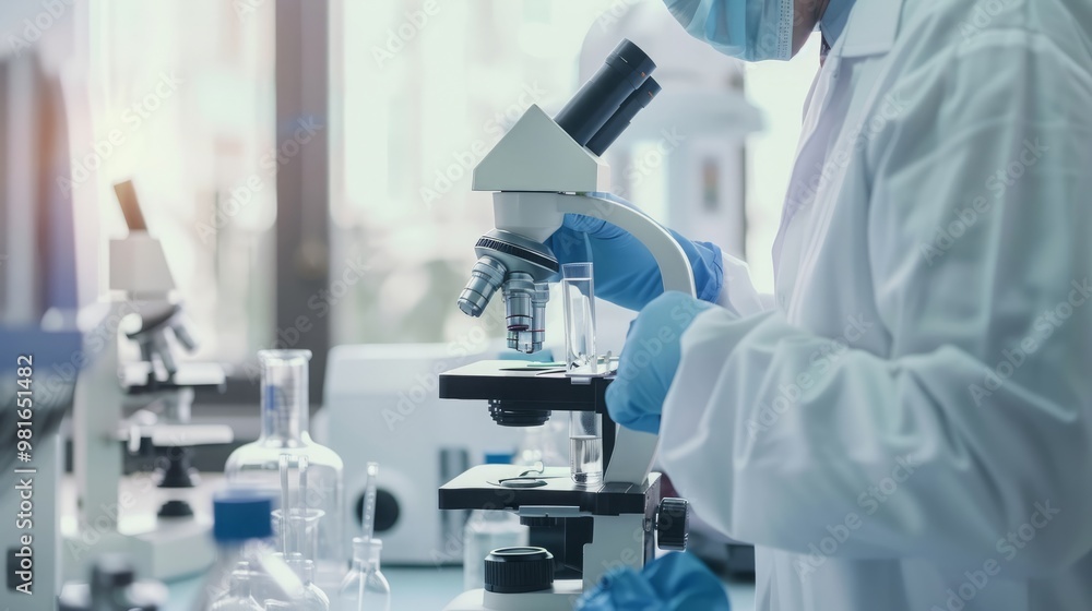 Scientist in lab coat holding vial ofexperimental drug, with microscope and scientific equipment, symbolizing drug trials and medical researchprocess Scientist in lab coat holding vial ofexperimental drug, with microscope and scientific equipment, symbolizing drug trials and medical researchprocess