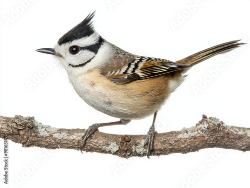 crested tit stands elegantly on a branch, showcasing its distinctive crest and small body, isolated against a clean white background, highlighting its beauty and charm. photo