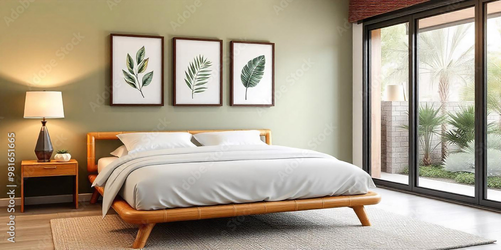 A modern bedroom with a wooden bed frame, white bedding, and two framed botanical prints on the wall A modern bedroom with a wooden bed frame, white bedding, and two framed botanical prints on the wall