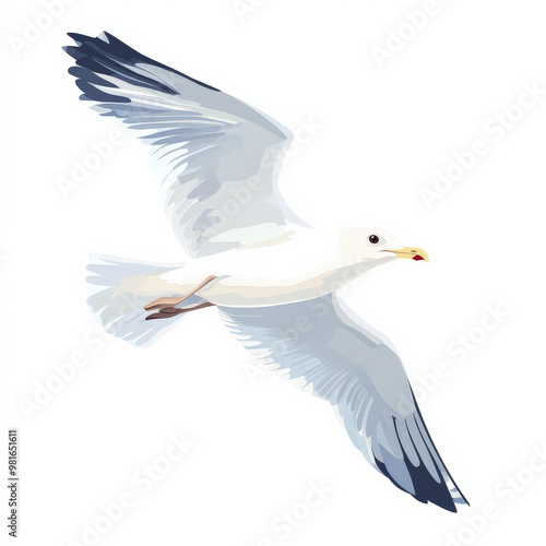 Flat design of a flying seagull with clean white feathers and bold outlines, isolated on a white background.