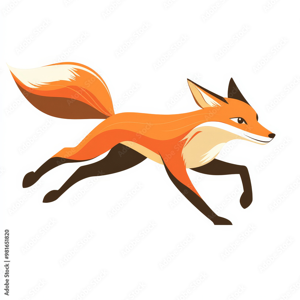 Flat design of a running fox, drawn in vibrant orange tones with clean lines, on a white background. Flat design of a running fox, drawn in vibrant orange tones with clean lines, on a white background.