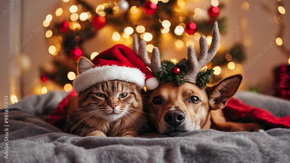 Two adorable pets don festive holiday hats while relaxing together in a warm and inviting indoor space decorated for Christmas with twinkling lights. Two adorable pets don festive holiday hats while relaxing together in a warm and inviting indoor space decorated for Christmas with twinkling lights.