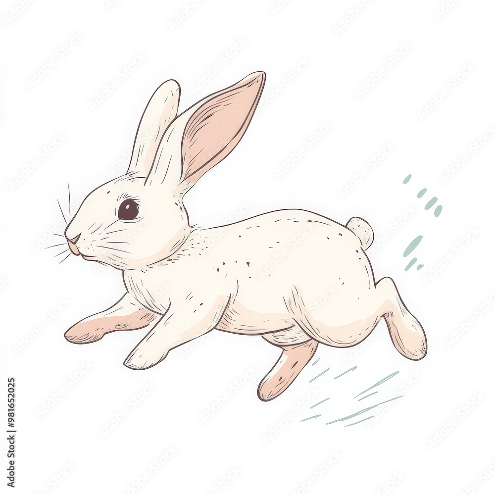Flat illustration of a hopping rabbit, drawn in clean white lines with soft pastel accents, isolated on white. Flat illustration of a hopping rabbit, drawn in clean white lines with soft pastel accents, isolated on white.