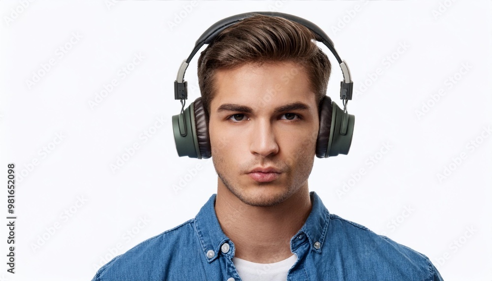 Focused Young Man Wearing Headphones Isolated on White Background, Clipping Path, Full Depth of Field Focused Young Man Wearing Headphones Isolated on White Background, Clipping Path, Full Depth of Field