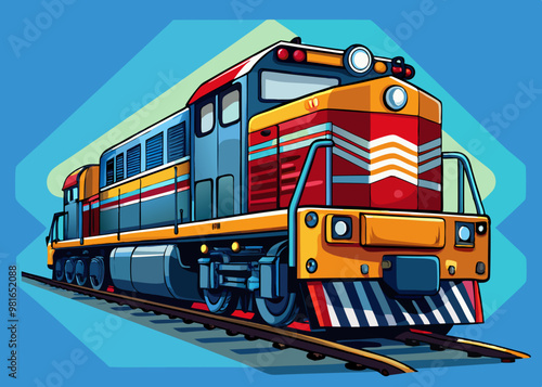 cartoon vector illustration of funny vehicle train transportation locomotive, blue isolated background