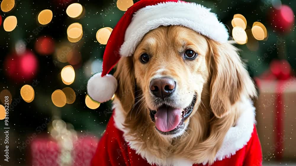 A cheerful Golden Retriever dressed in a Santa outfit radiates joy amid beautiful holiday decorations and twinkling lights, celebrating the spirit of the festive season. A cheerful Golden Retriever dressed in a Santa outfit radiates joy amid beautiful holiday decorations and twinkling lights, celebrating the spirit of the festive season.