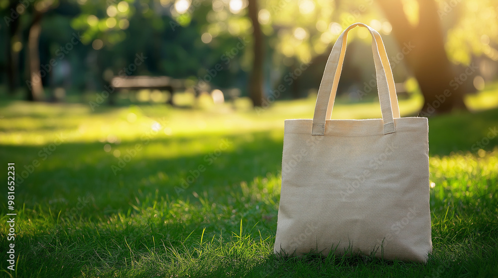 Tote bag mockup concept image with a blank tote bag sitting outside in a park on sunny day for the large sturdy cloth unfastened bag with parallel handles with copy space Tote bag mockup concept image with a blank tote bag sitting outside in a park on sunny day for the large sturdy cloth unfastened bag with parallel handles with copy space