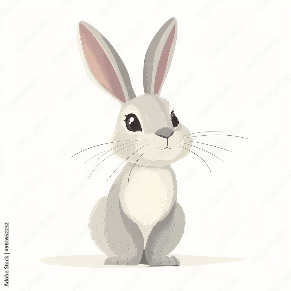Fototapeta premium Flat design of a curious rabbit with long ears, drawn in clean white and soft gray tones, on a white background.