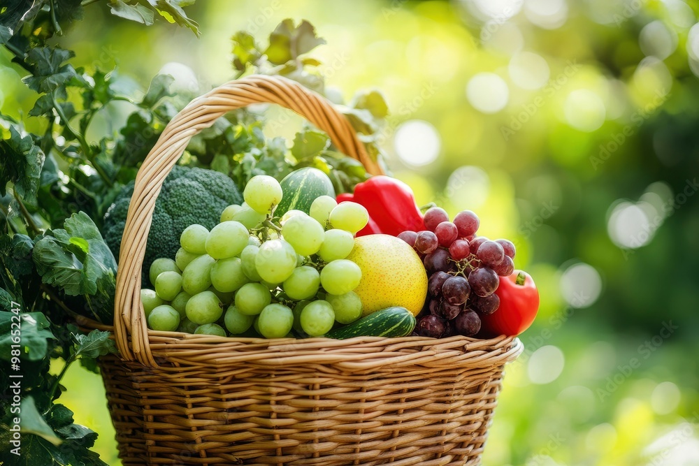 Fresh organic fruits and vegetables in wicker basket, ai Fresh organic fruits and vegetables in wicker basket, ai