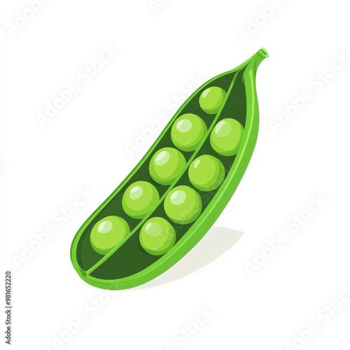 Flat illustration of a green pea pod with peas visible inside, rendered in a clean, simple style, on a white background.