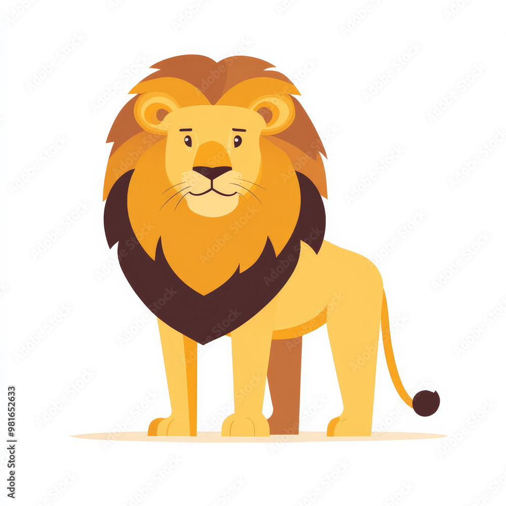 Obraz premium Flat illustration of a majestic lion with a simplified golden mane and body, rendered in clean shapes, isolated on a white background.